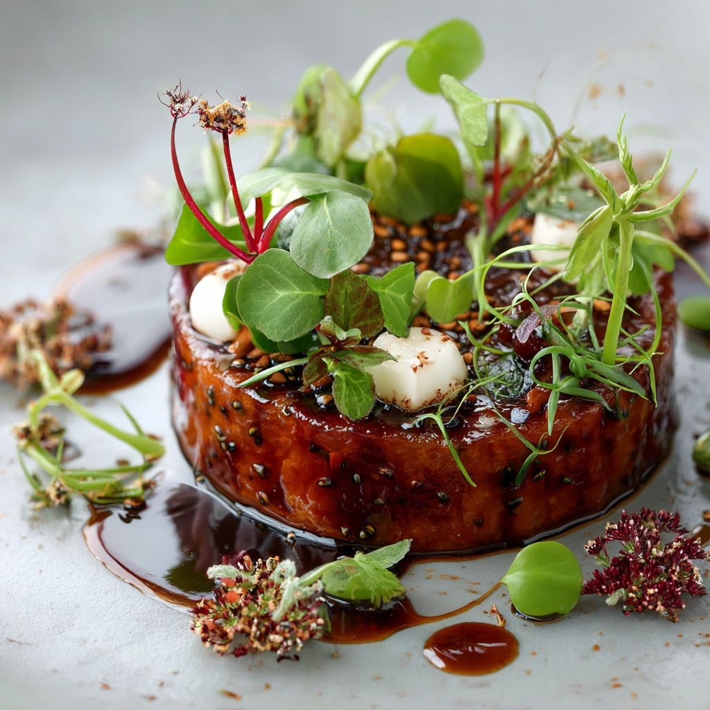 Primo piano di un piatto firmato Nevia – Cucina e Miscelazione: creazione gastronomica con erbe fresche e salsa, fotografia che valorizza dettagli e texture del piatto, scatto Digistart.