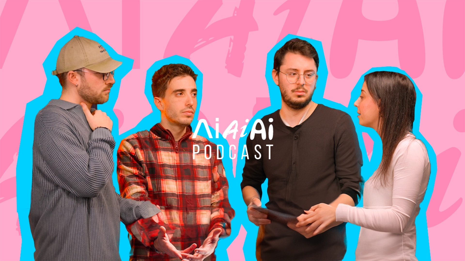 Cover del podcast “AiAiAi” di Digistart: quattro giovani membri del team in dialogo su sfondo grafico pop rosa e azzurro, visual di presentazione del format dedicato a comunicazione, creatività e intelligenza artificiale. Progetto realizzato da Digistart, agenzia creativa a Torino.