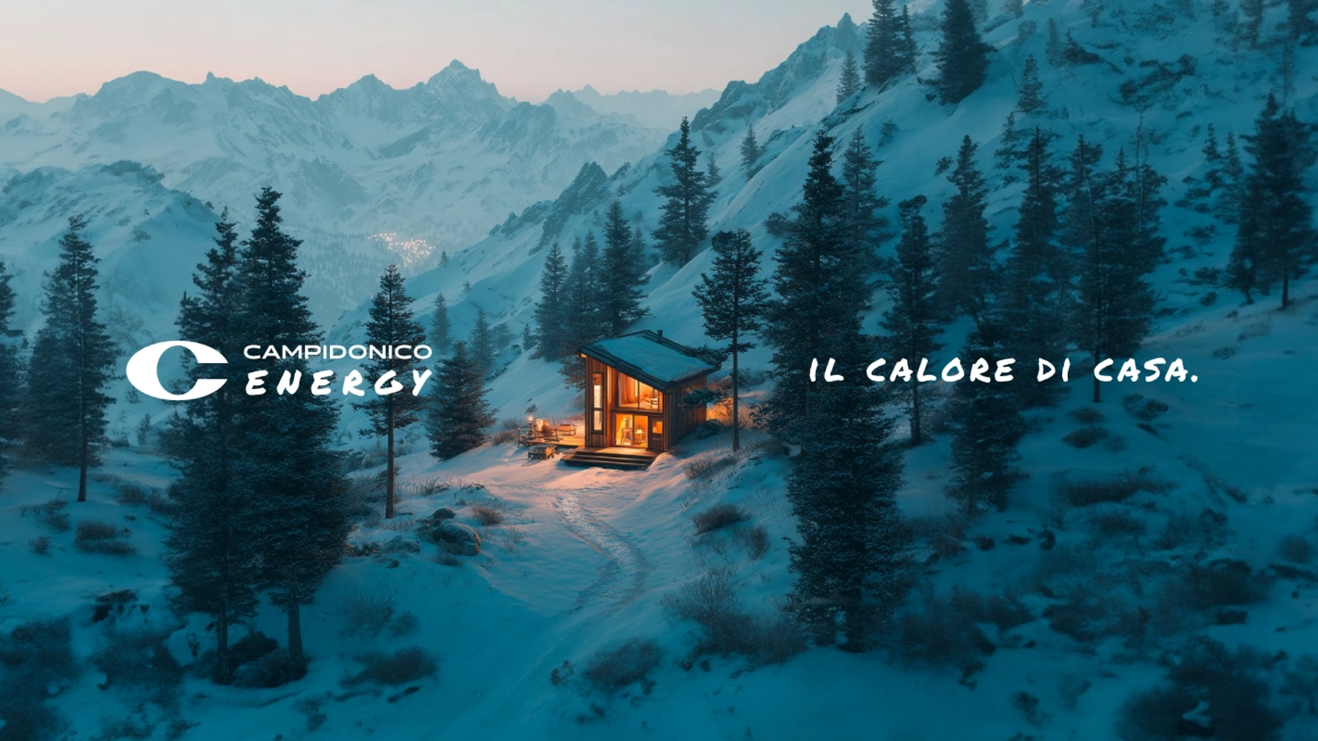 Paesaggio montano innevato con moderno chalet in legno con luci accese