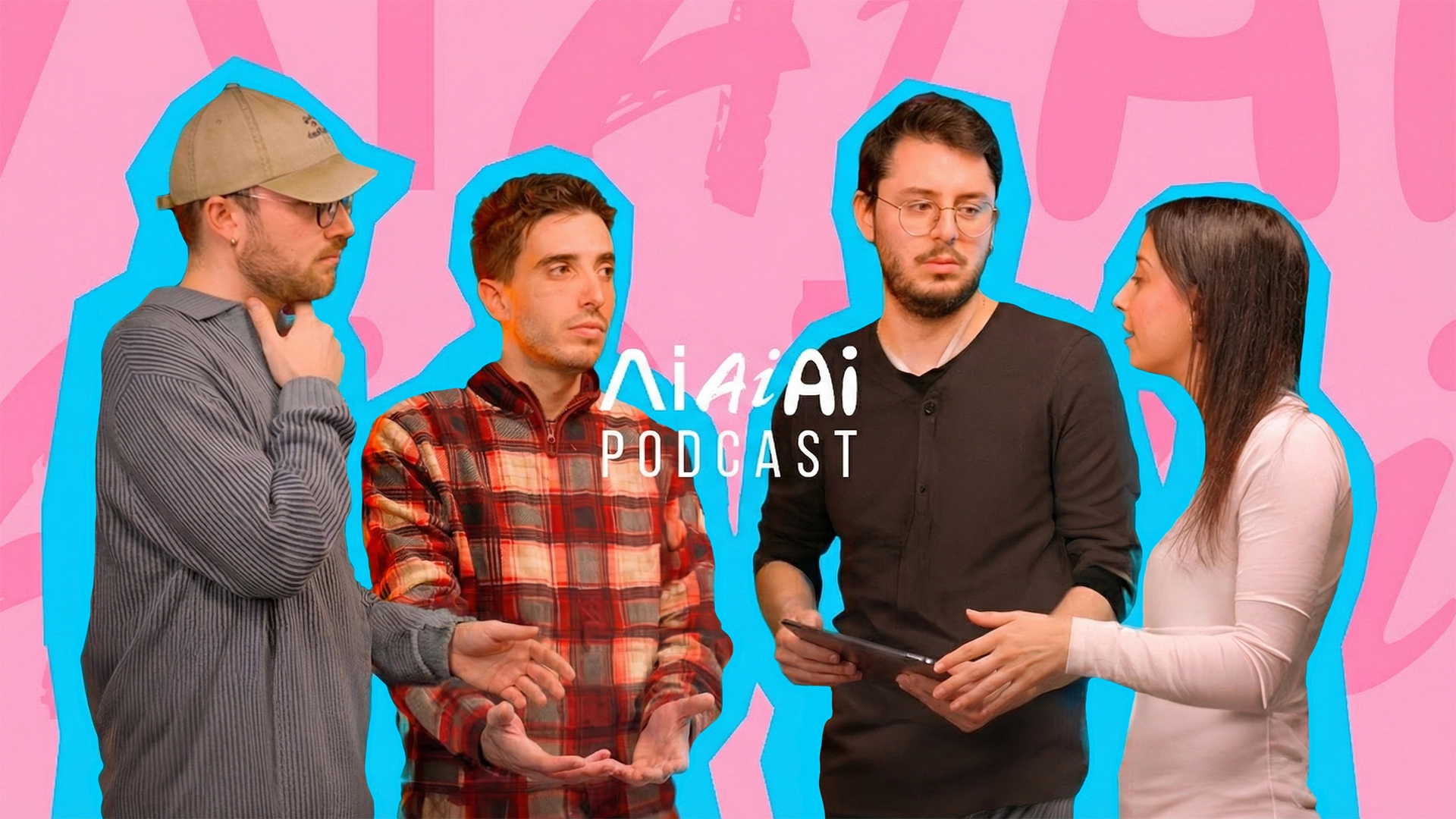 Cover del podcast “AiAiAi” di Digistart: quattro giovani membri del team in dialogo su sfondo grafico pop rosa e azzurro, visual di presentazione del format dedicato a comunicazione, creatività e intelligenza artificiale. Progetto realizzato da Digistart, agenzia creativa a Torino.