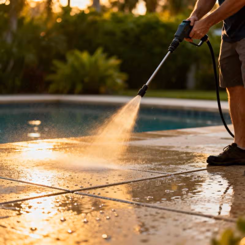 A pool deck being pressure washed in Orlando, FL.