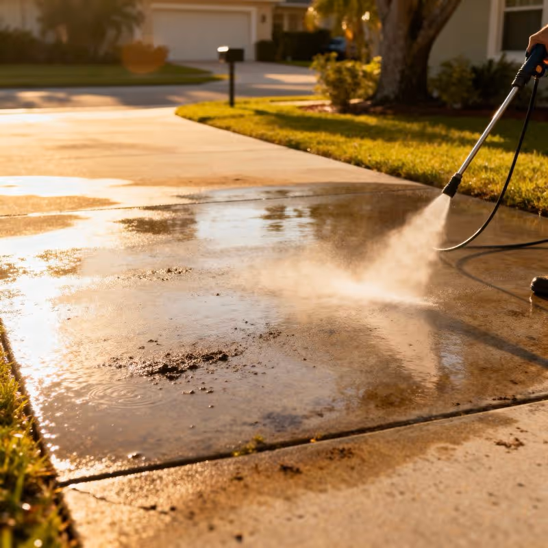 An Orlando driveway being pressure washed in the afternoon sun