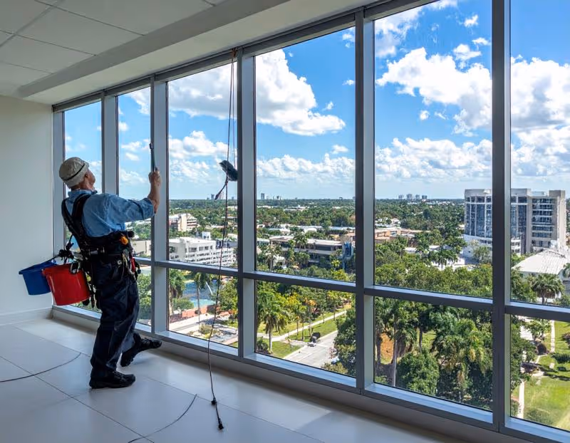 An office window washing being done by Pressure Washing Guys