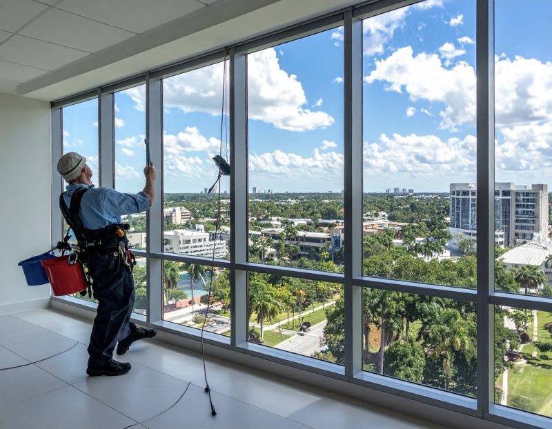 An office window washing being done by Pressure Washing Guys