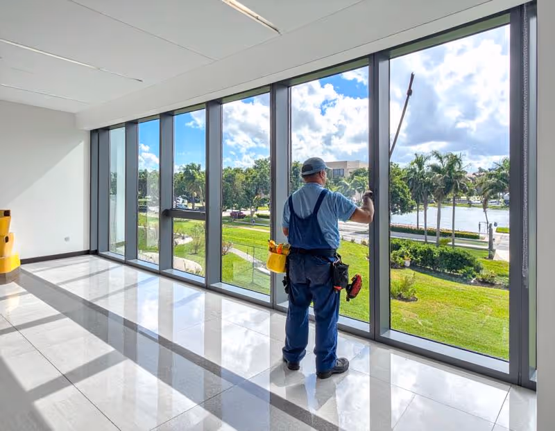 An office wIndow cleaning job being done by Pressure Washing Guys