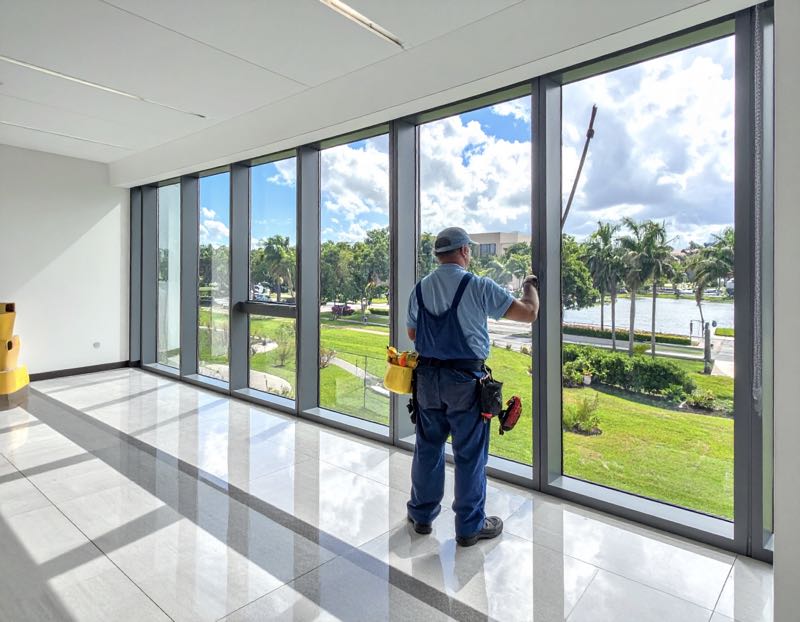 An office wIndow cleaning job being done by Pressure Washing Guys