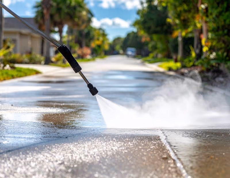 an Orlando sidewalk being pressure washed for hard water removal