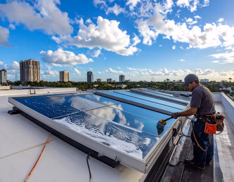 roof top skylight cleaning on a commercial building in downtown Orlando