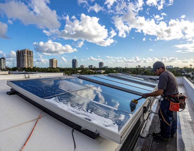 roof top skylight cleaning on a commercial building in downtown Orlando