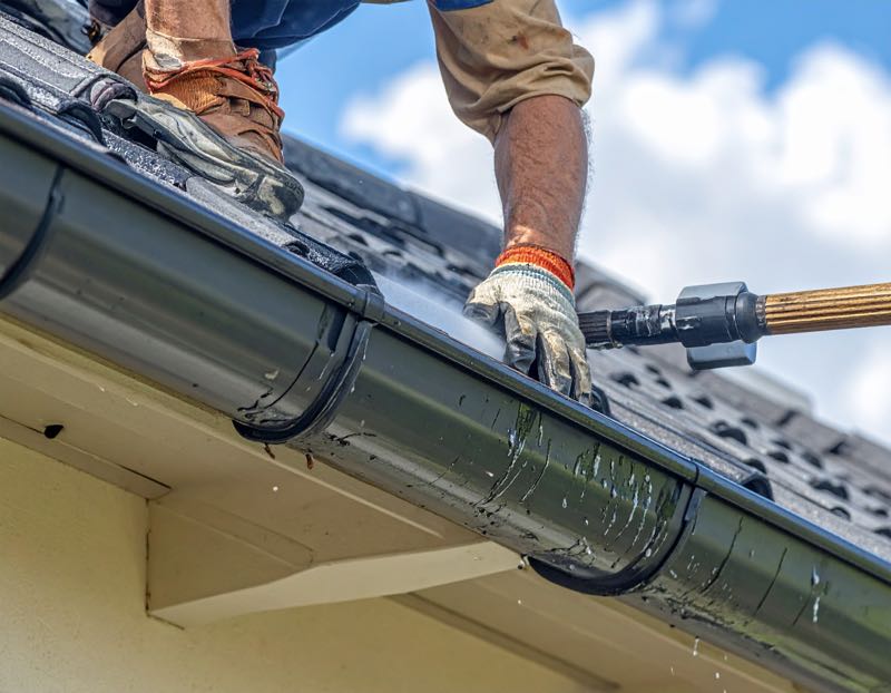 A commercial building having its gutters cleaned by Pressure Washing Guys
