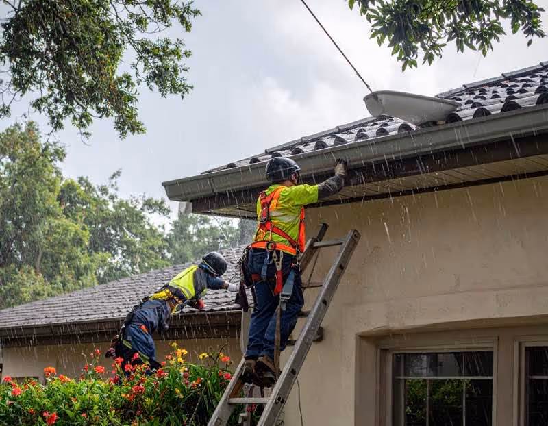 A team cleaning gutters in the rain - Pressure Washing Guys