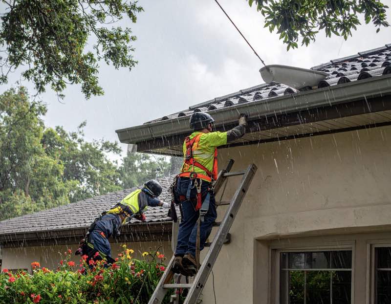 A team cleaning gutters in the rain - Pressure Washing Guys