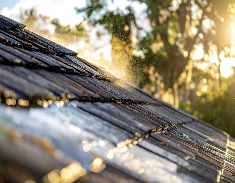 Orlando roof cleaning technician applying soft wash treatment to residential shingle roof for mold removal