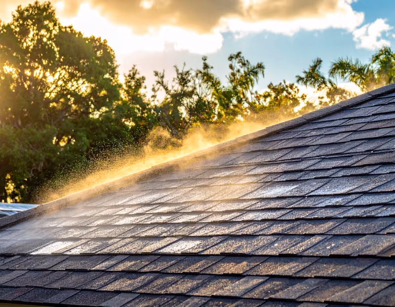 Professional roof soft washing service cleaning tile roof in Orlando Florida removing algae and stains