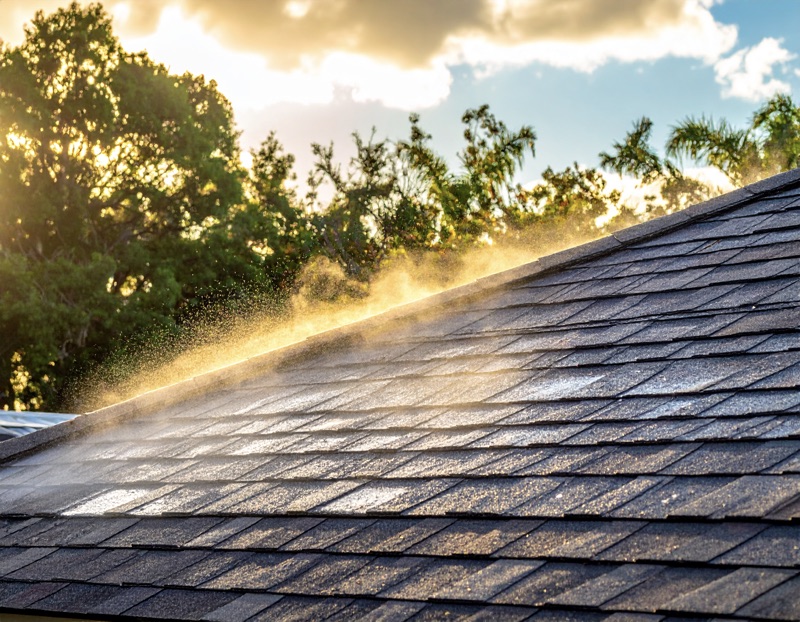 Professional roof soft washing service cleaning tile roof in Orlando Florida removing algae and stains