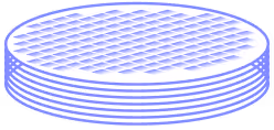 Stack of circular silicon wafers with a grid pattern on the surface.