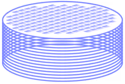 3D illustration of a multi-layered semiconductor wafer stack with blue and white grid pattern.