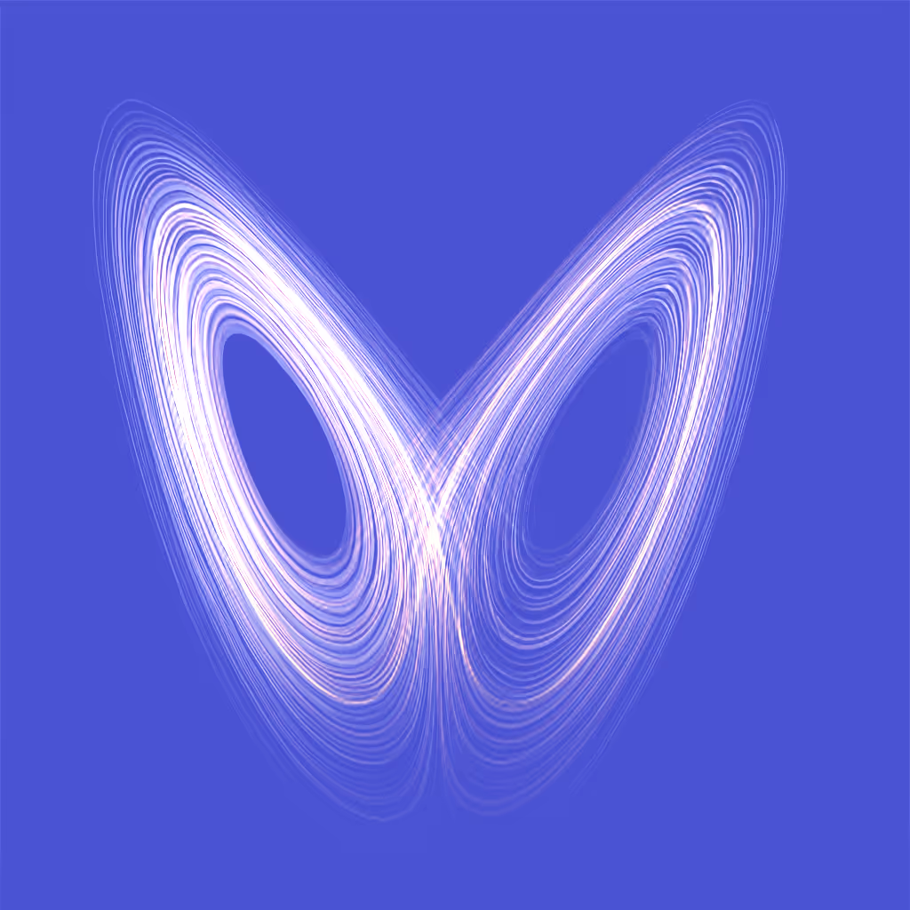 White glowing butterfly-shaped chaotic pattern on a solid blue background, representing the Lorenz attractor.