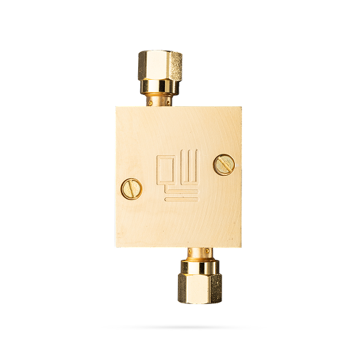 Brass rectangular valve with two hexagonal connectors and embossed logo on the front.