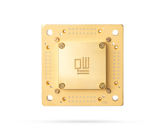 Golden square microchip with screws on a black background.