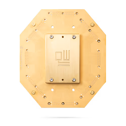 Top view of an octagonal gold-colored electronic circuit board with a central rectangular component secured by four screws.