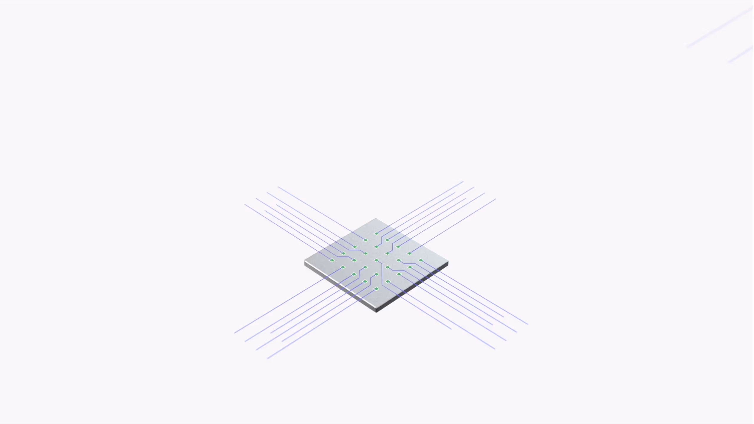 Square microchip with thin purple lines extending outward from green connection points on a white background.
