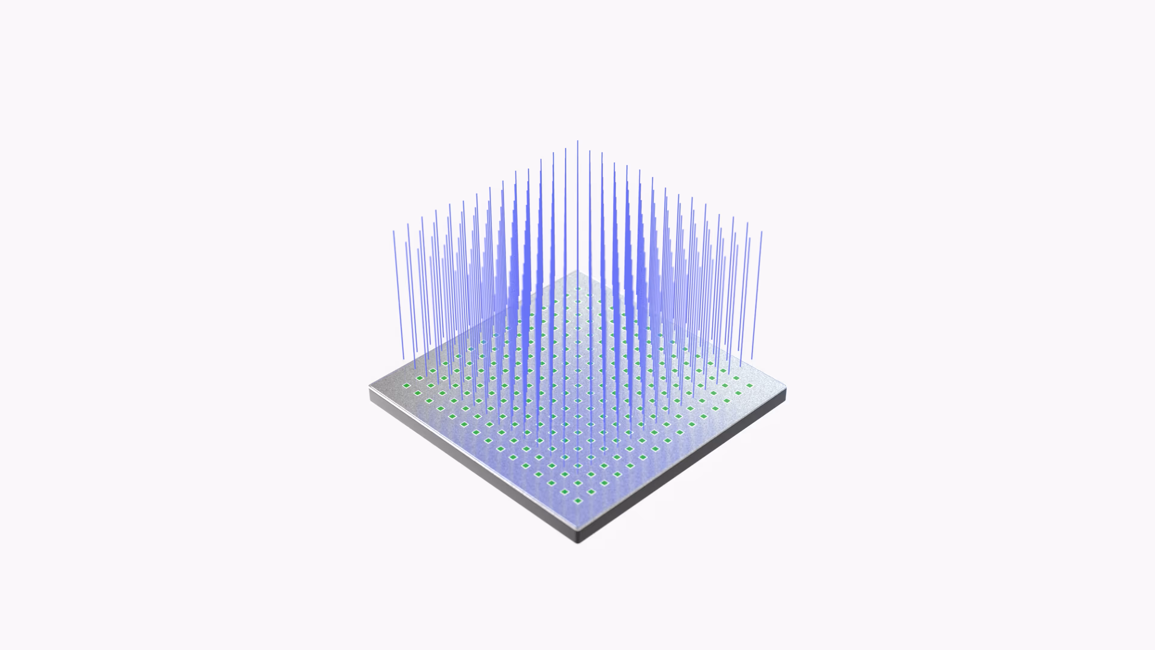 3D visualization of a metallic square chip with vertical blue bars of varying heights arranged in a grid.