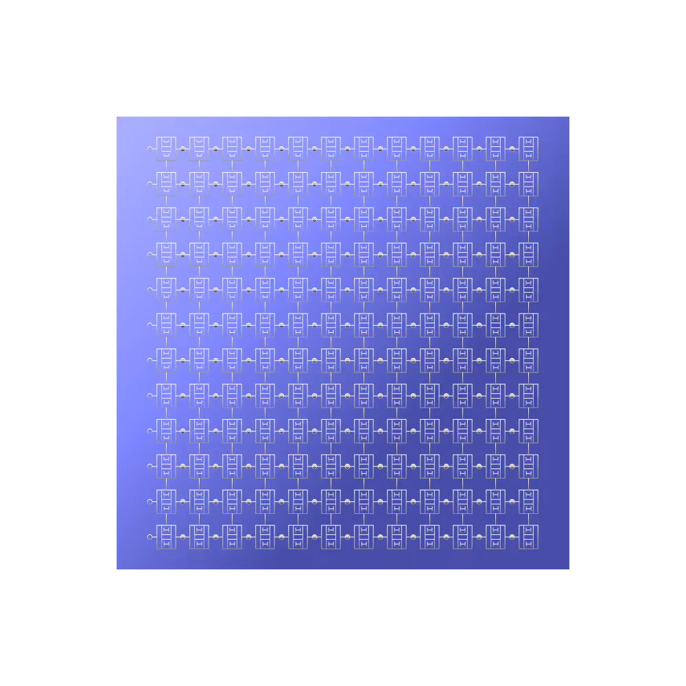 A grid of interconnected small square electronic chips with circuit patterns on a blue background.