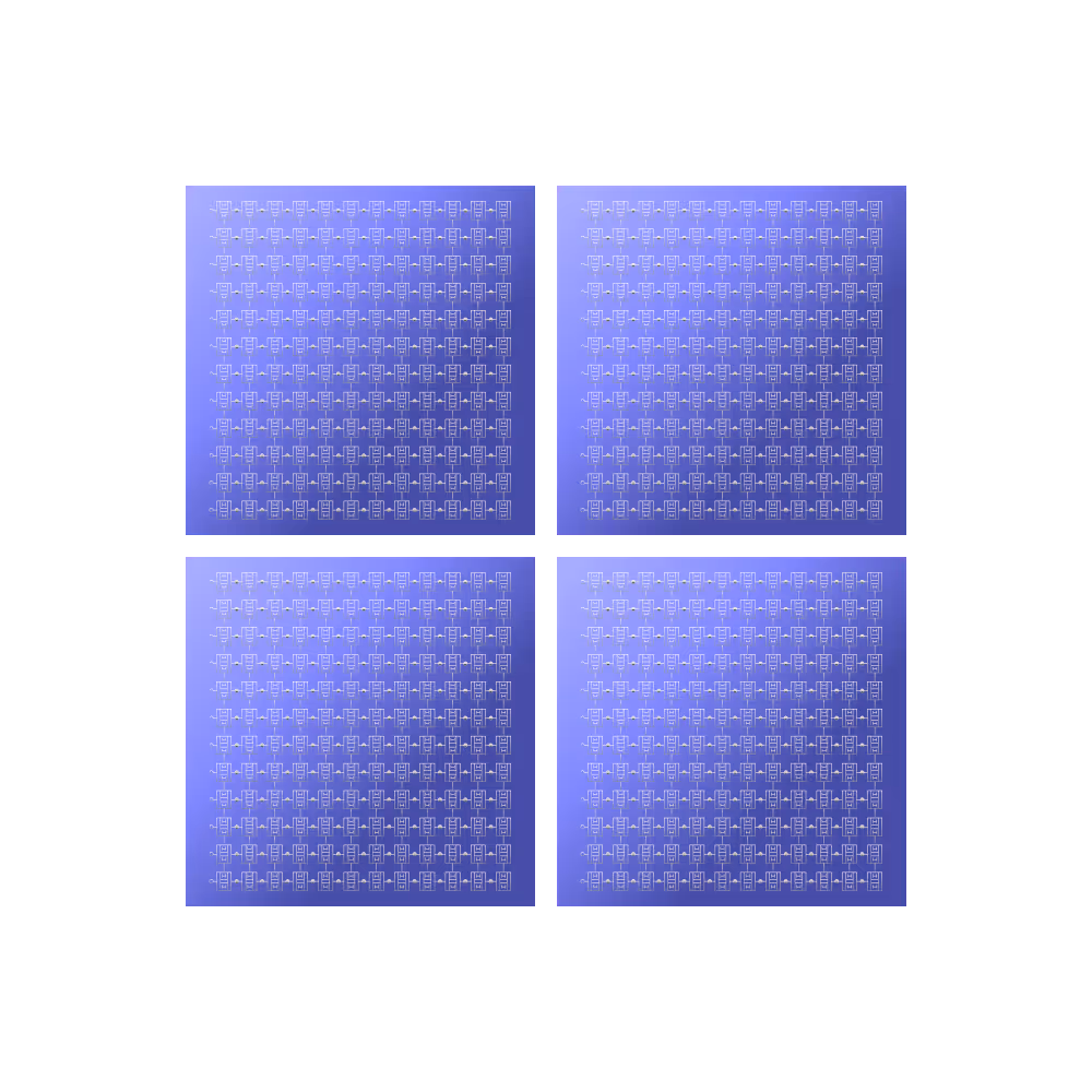 Four blue computer chips with intricate circuit patterns arranged in a square on a black background.