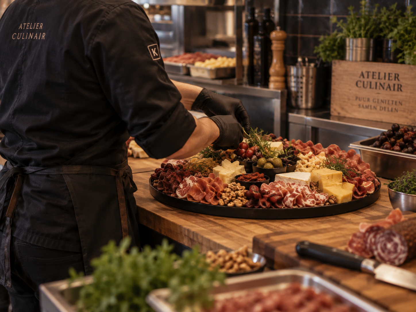Bereiding van een ambachtelijke hapjesschaal bij Atelier Culinair