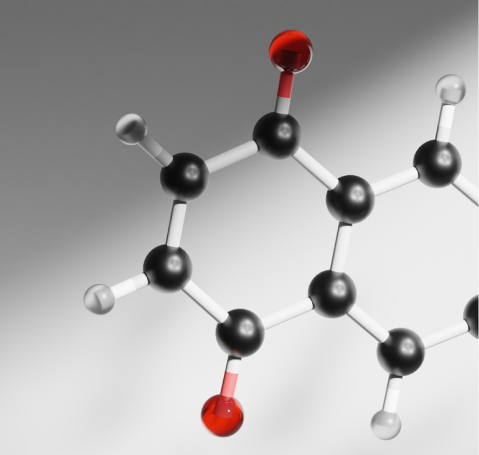 3D molecular model showing a benzene ring with attached hydroxyl groups, with black carbon atoms, white hydrogen atoms, and red oxygen atoms.