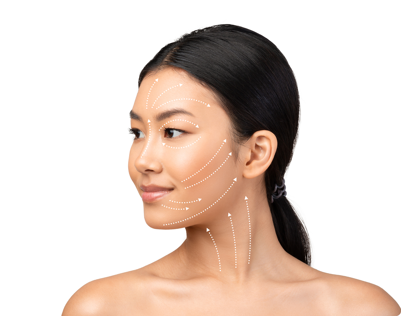Side view of a woman with arrows indicating facial and neck lifting massage or skincare directions.