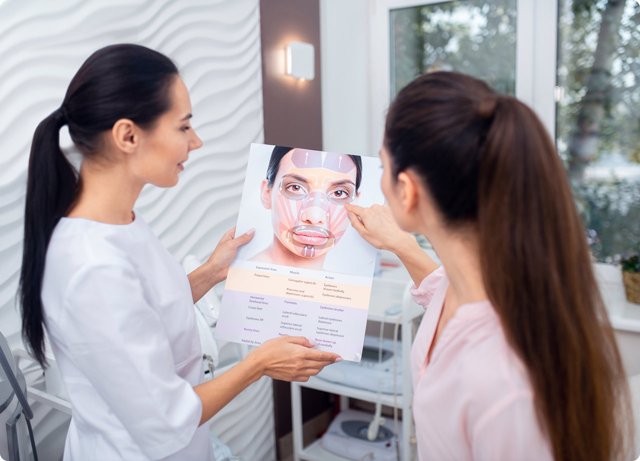 Two women, one in a white coat, discussing a face diagram with highlighted muscles and expression lines in a bright room.