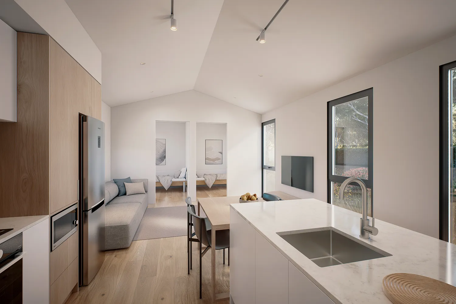 A kitchen and living room are shown in this rendering.