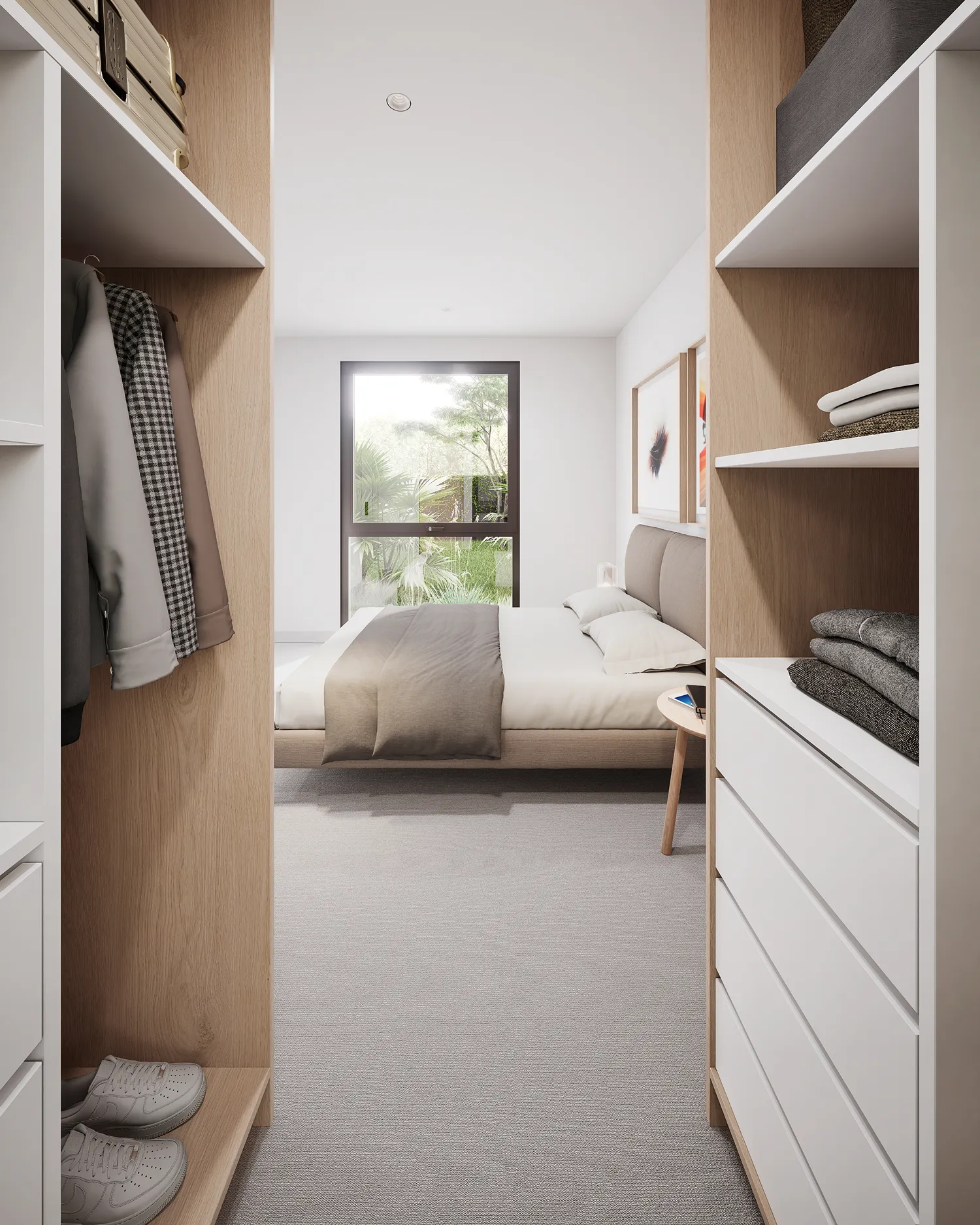 A bedroom with a bed and a closet.