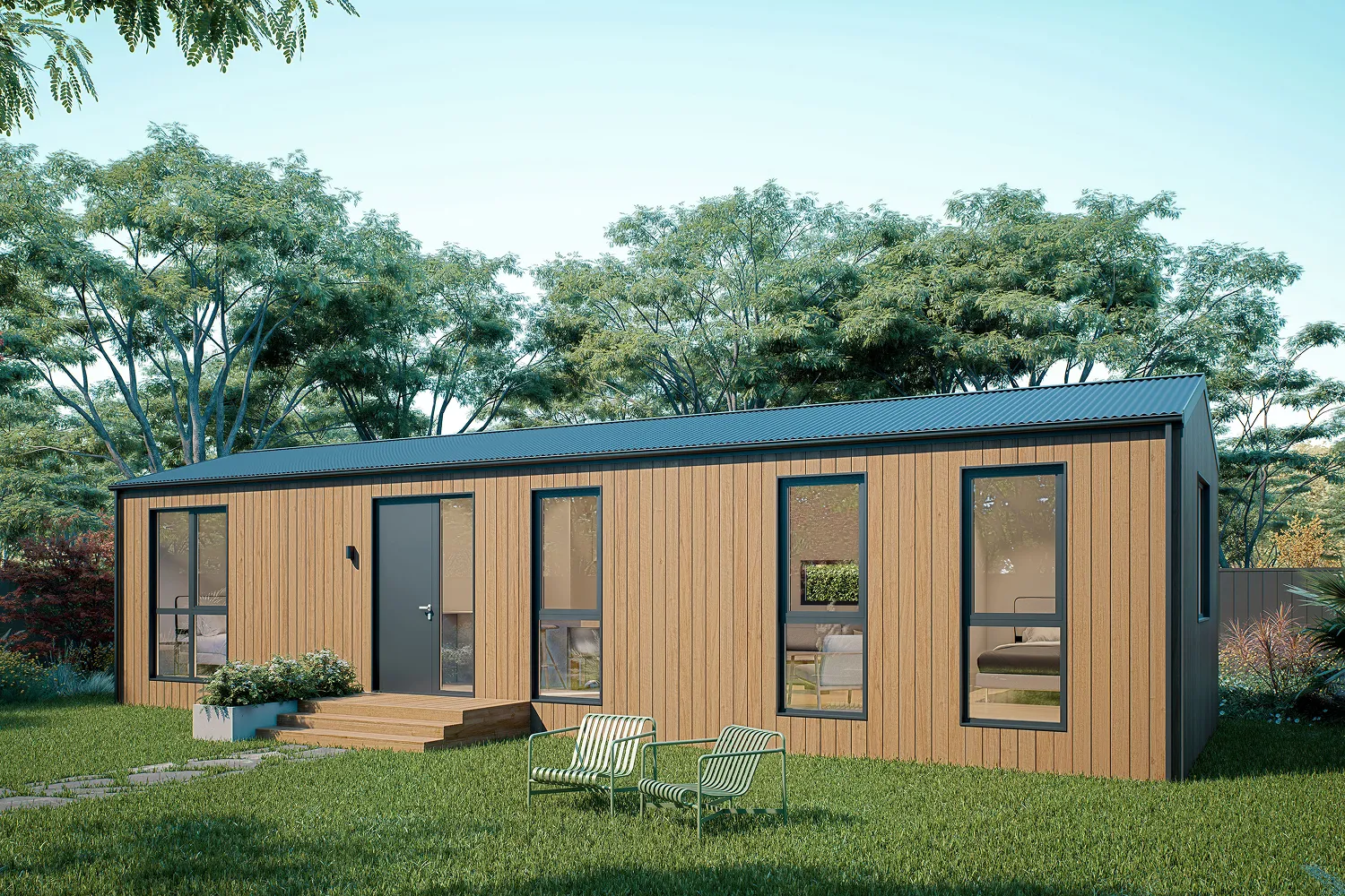 A small house with a porch and a patio.