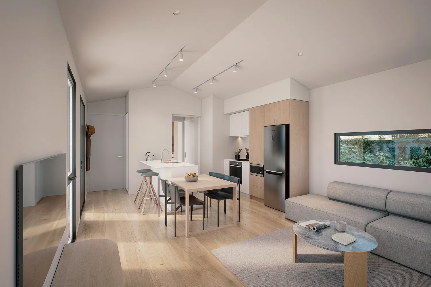 A living room with a couch a table and a television.