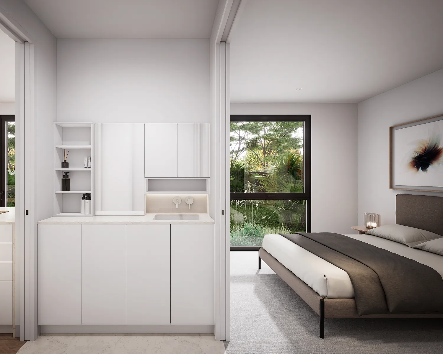 A bedroom with a bed, a desk and a window.