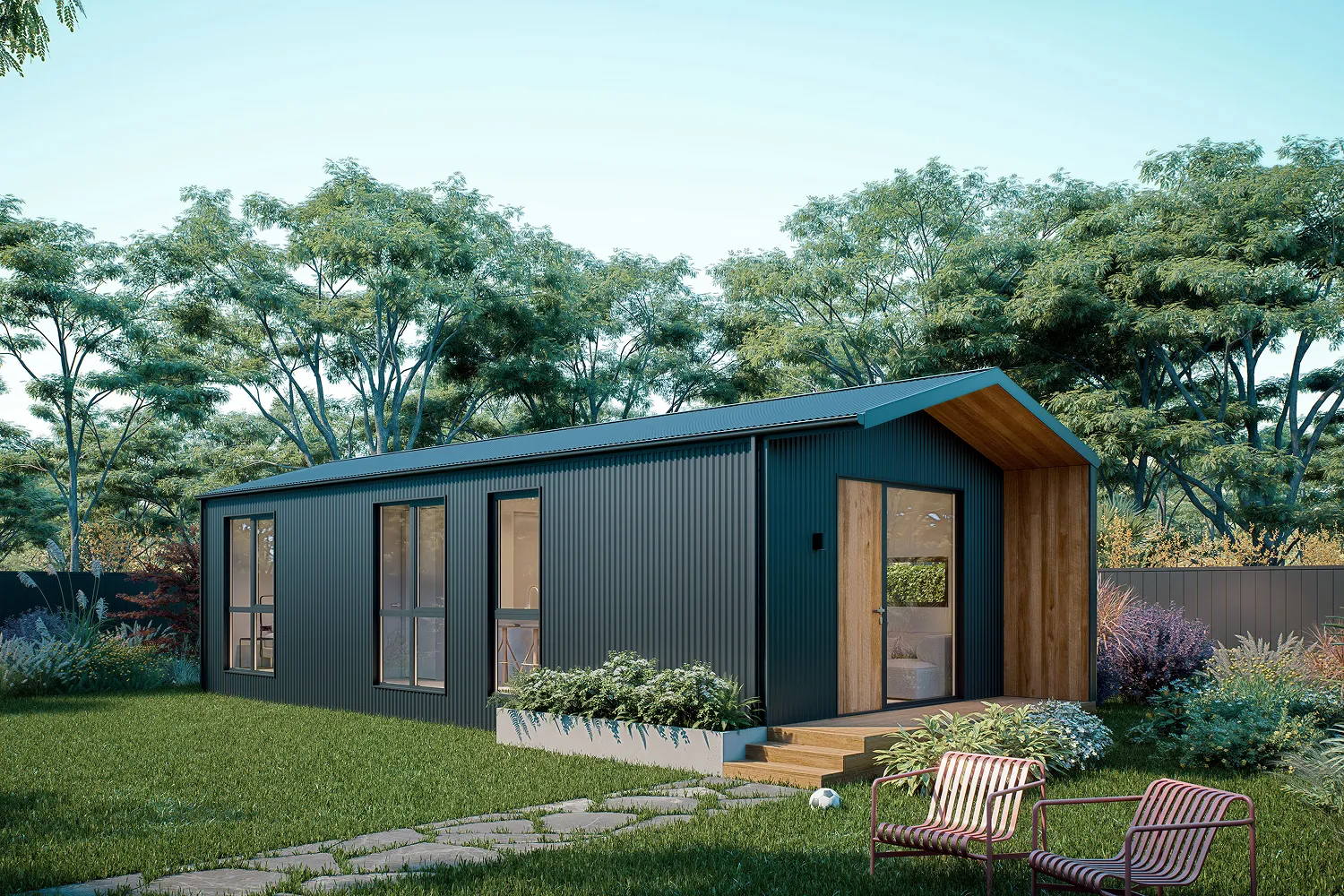 A small house sitting in the middle of a yard.