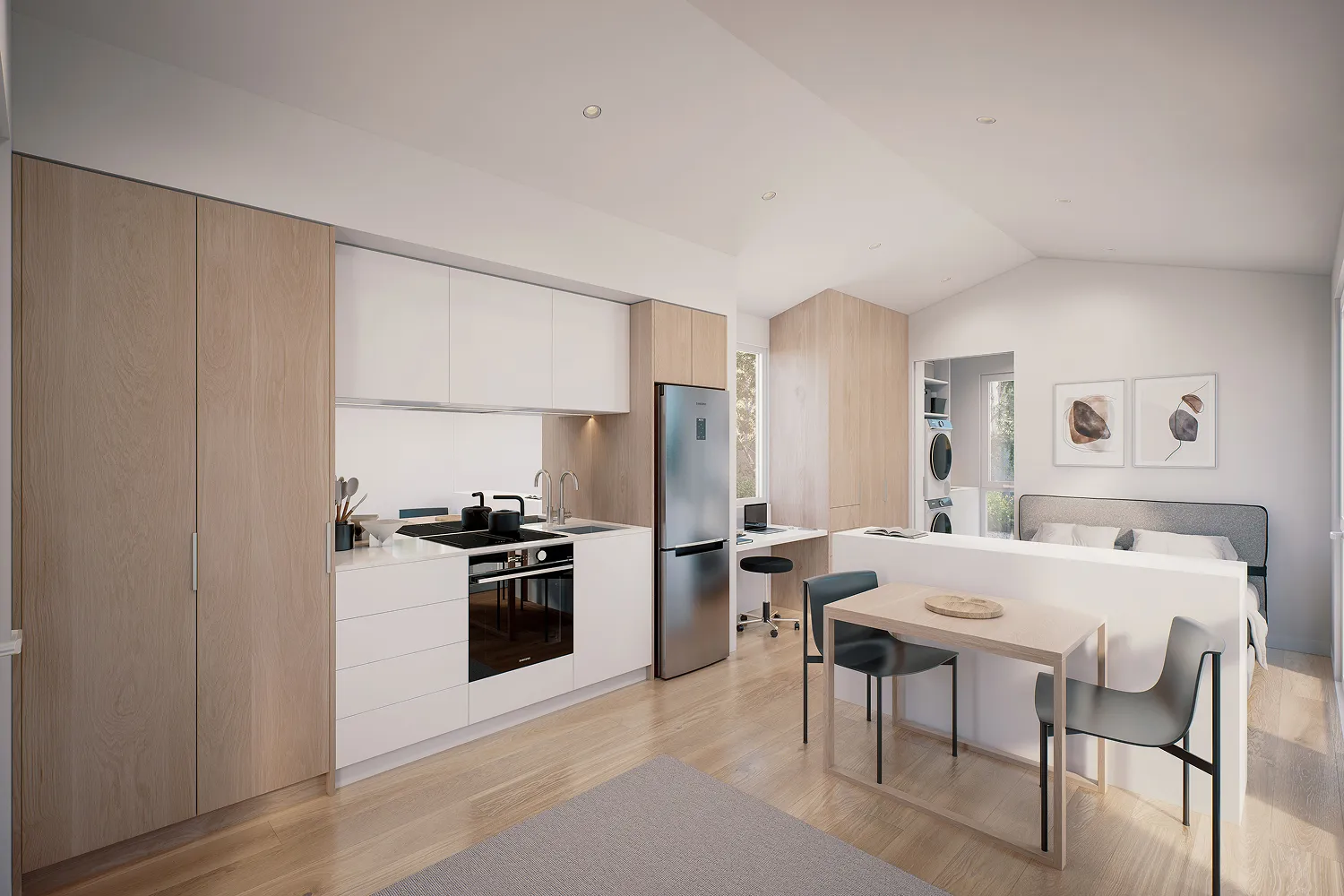 A kitchen with a table a stove and a refrigerator.