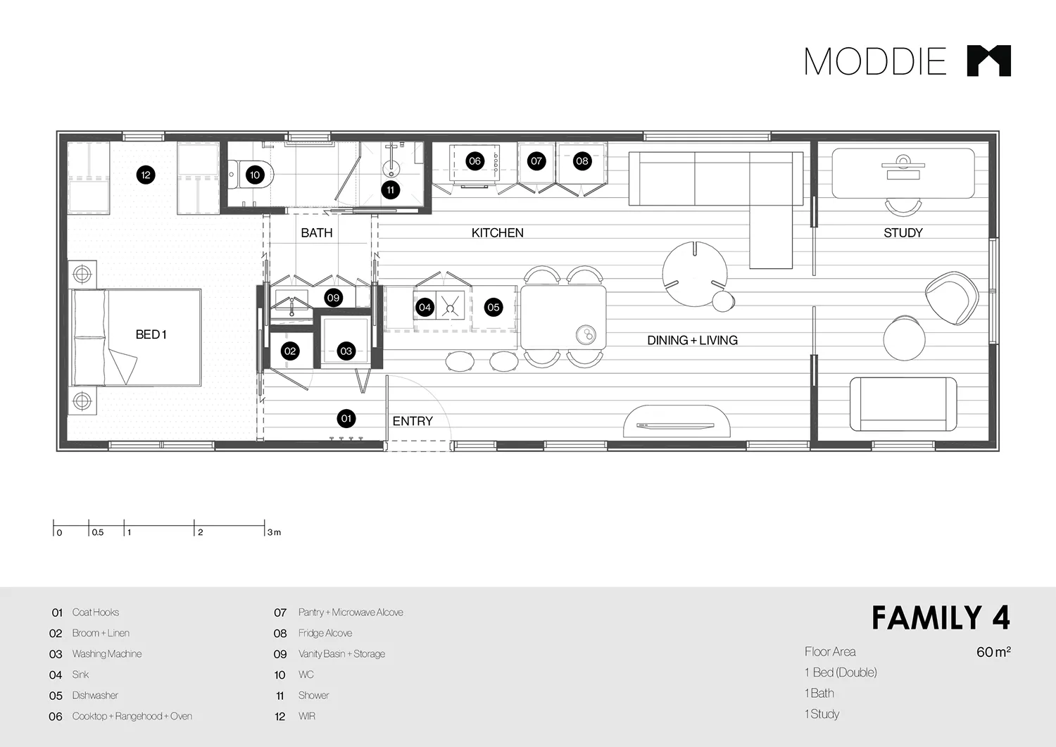 A floor plan of a modern apartment.