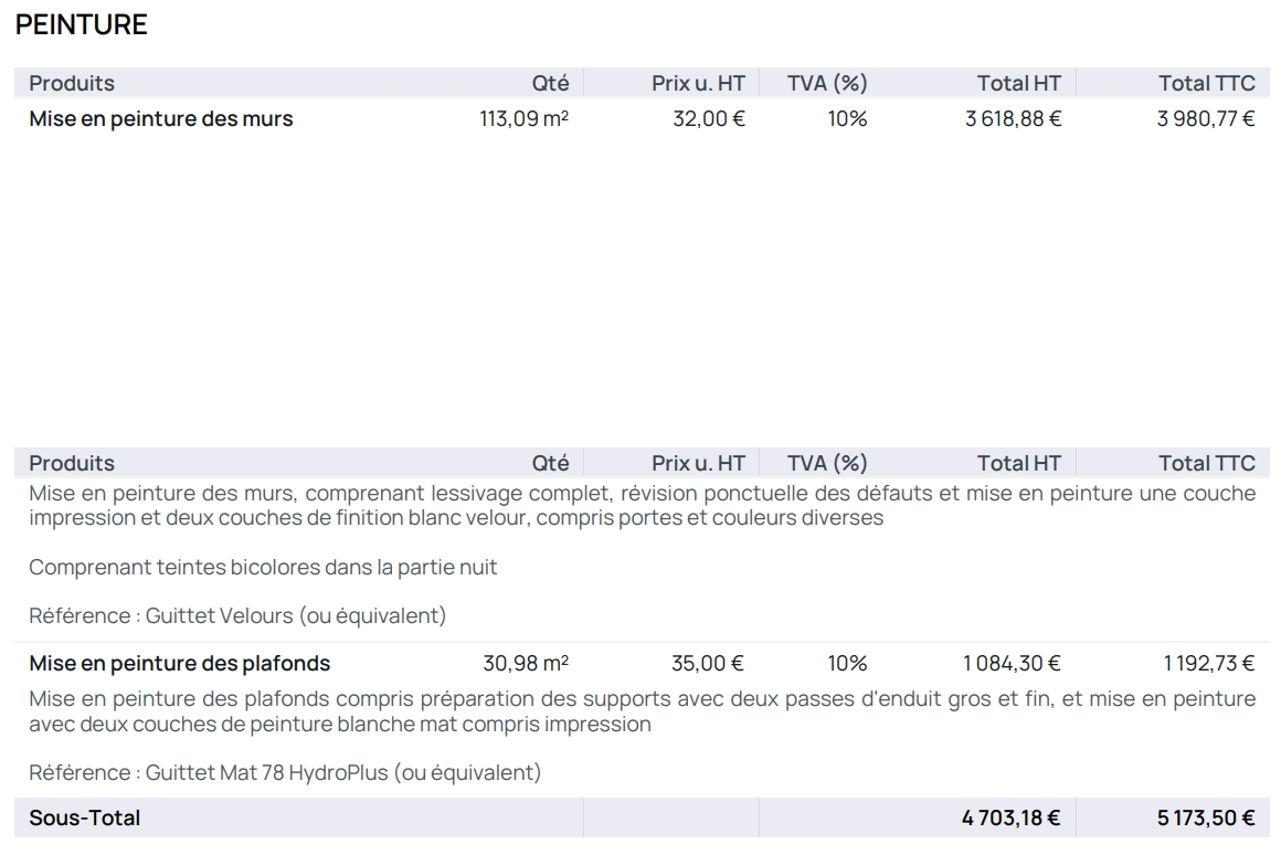 Exemple de devis pour la mise en peinture des murs et plafonds d'un appartement à Paris. 