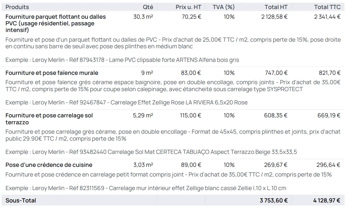 Exemple de devis pour la fourniture et pose de parquet à Paris.