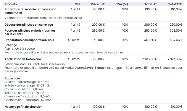 Devis pour la pose de béton ciré sur le sol d'un salon par Brokkr, entreprise de rénovation.