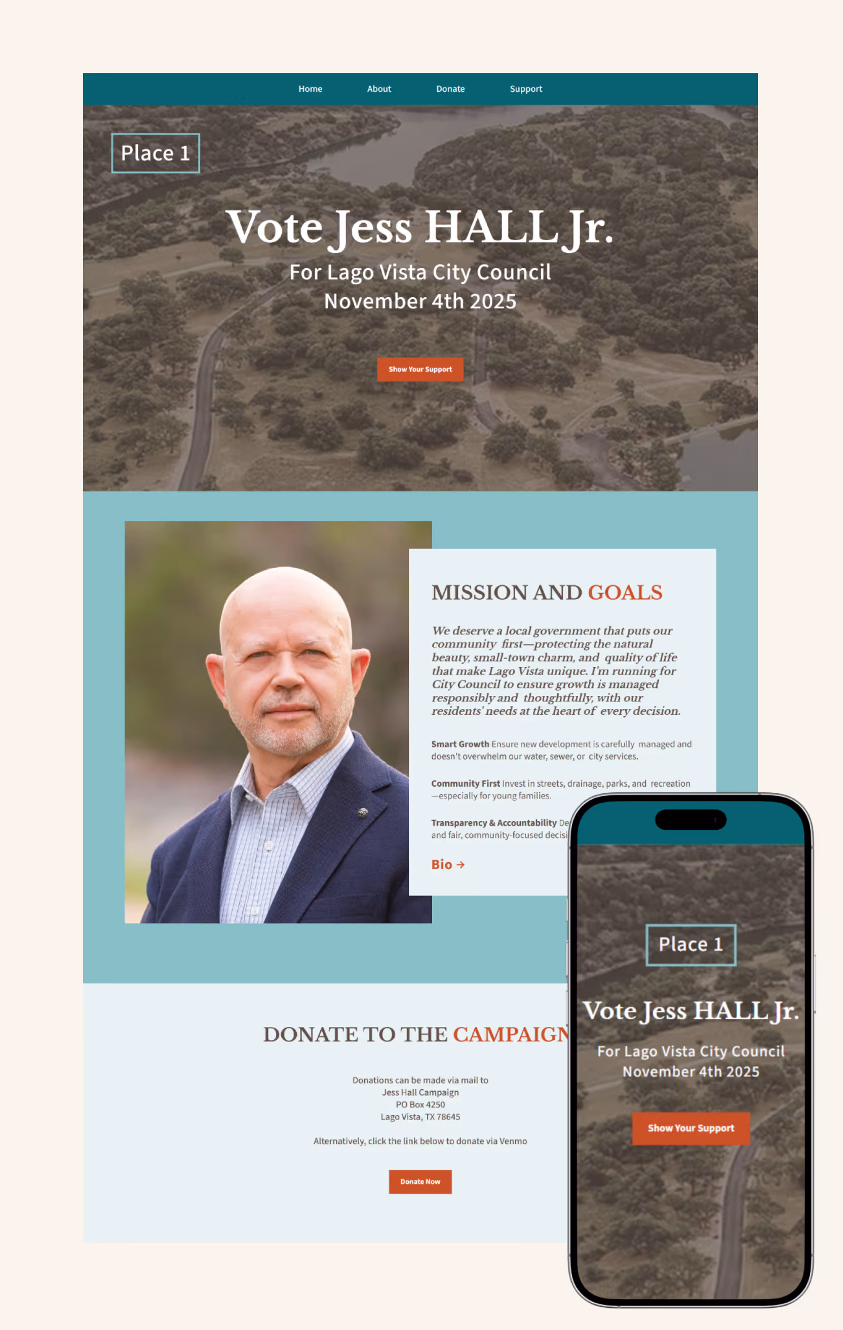 Web and mobile view of my design for vote4jesshall.com