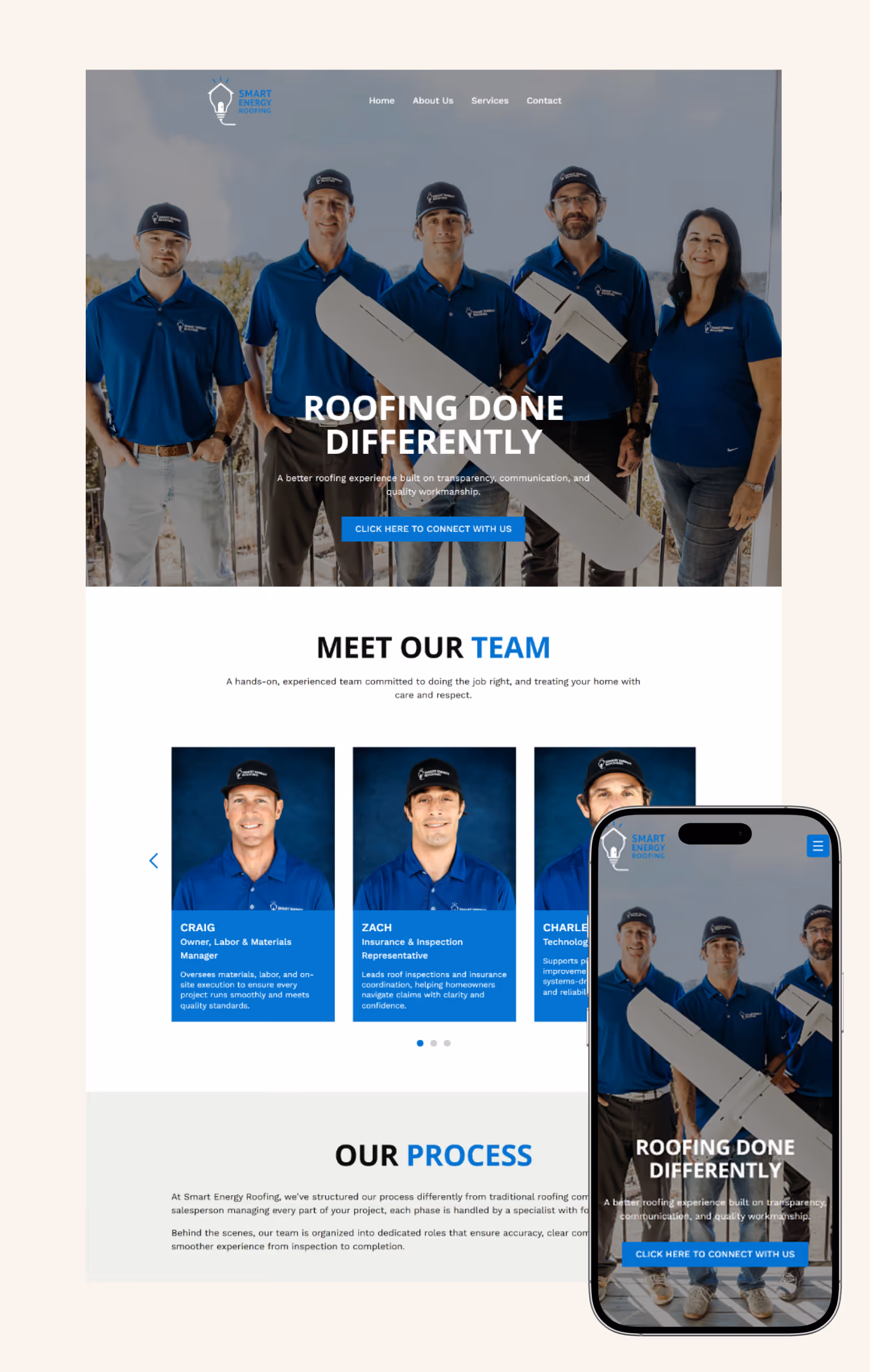 Web and mobile view of my design for smartenergyroofingtx.com