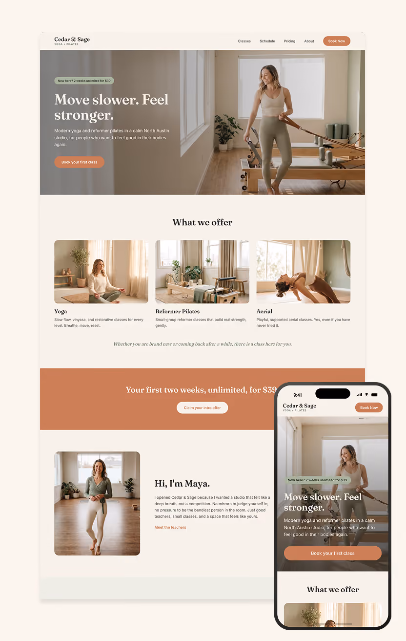 Web and mobile view of my Cedar and Sage concept web design, a yoga and pilates studio.