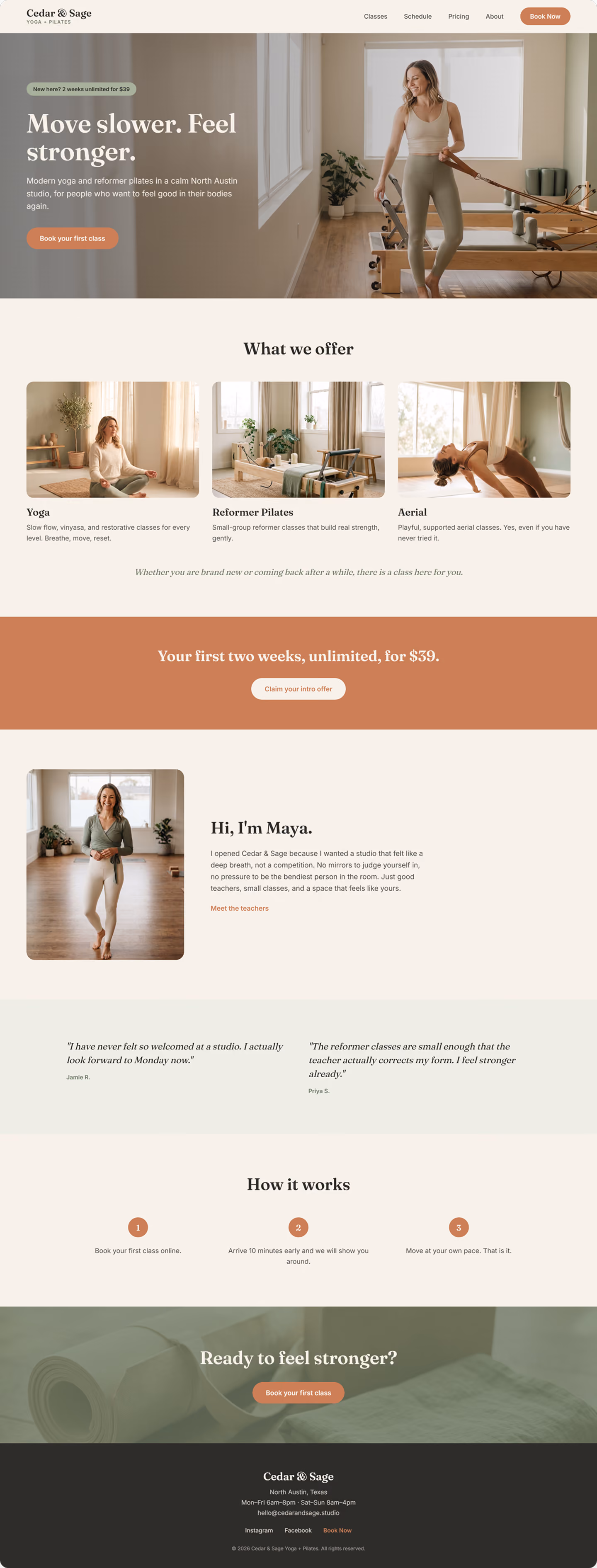 Image of the homepage for my Cedar and Sage concept web design, a yoga and pilates studio.