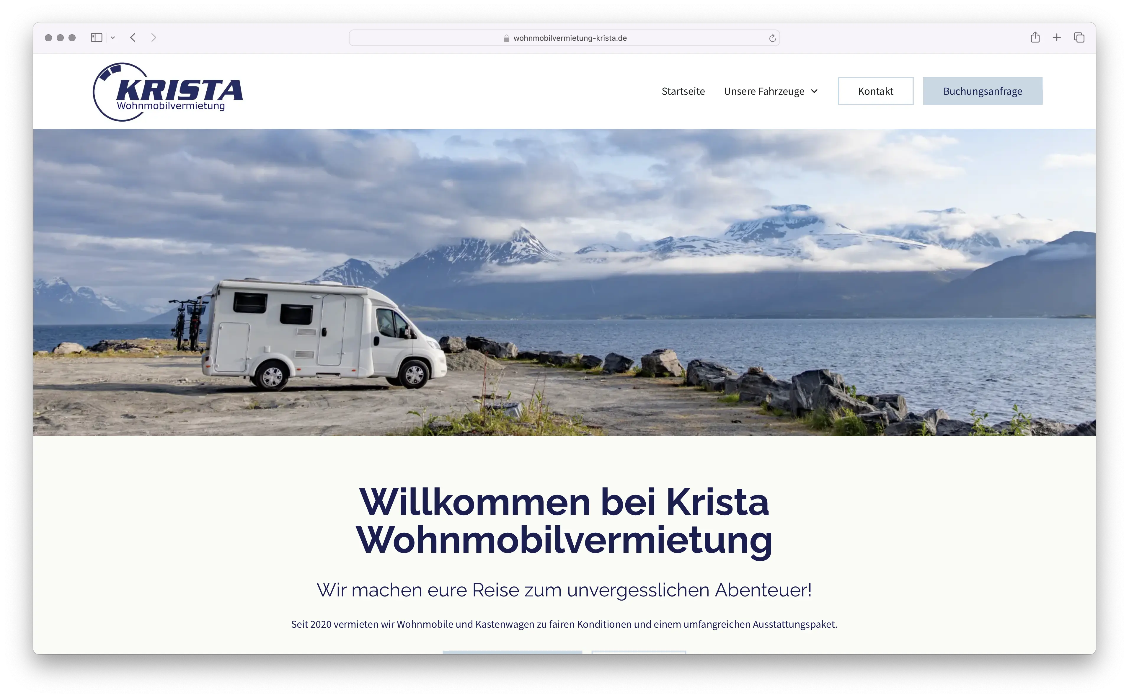 Screenshot des Headers von der Website der Wohnmobilvermietung Krista