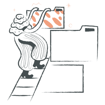 Illustration einer Person, die eine Leiter hochsteigt, um Dateien in einem Ordner abzulegen.